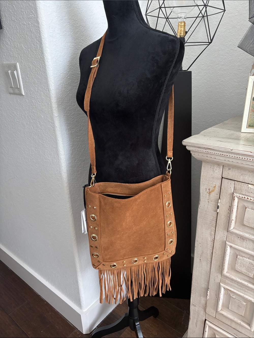 Marlon Fringed Suede Crossbody Bag in Brown Genuine Leather